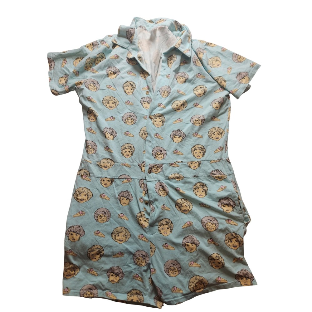 The Golden Girls Romper 2XL Blue Cheesecake Character Print Button Front Pocket